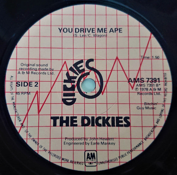 Image of Back Cover of 7" - /G+ - THE DICKIES, Give It Back / You Drive Me Ape (A&M Records; AMS 7391, UK 1978, Promo), ,  - 2356301S