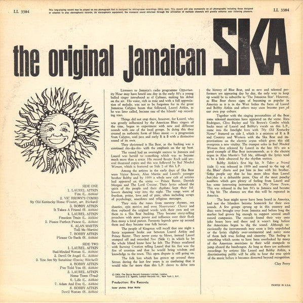 Image of Back Cover of LP - VG/G+ - VARIOUS ARTISTS, The Original Cool Jamaican Ska (London Records; LL 3384, US 1964, Pasteback Sleeve), Conservative grading, light marks only, light crackle. Large creases on front sleeve, still looks decent.,  - 2346283S