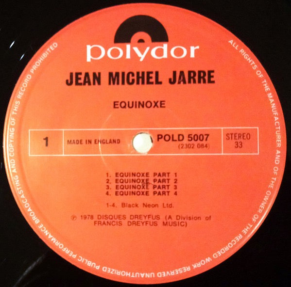 Image of Label Cover of LP - VG/VG+ - JEAN MICHEL JARRE, Equinoxe (Polydor Red Labels With No Space Between Copyrights On Lower Labels; POLD 5007, UK 1970s Reissue, Laminated Sleeve), Just a few small spots of laminate bubbling, Otherwise nice sleeve, Clean disc. ,  - 2316477C