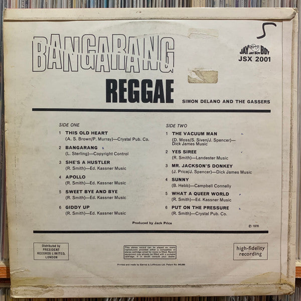 Image of Back Cover of LP - VG/G+ - SIMON DELANO & THE GASSERS, Bangarang Reggae (Jay Boy; JSX2001, UK 1970, Laminated Front Sleeve), Lots of light marks and scuffs, plays fine. WOL. Wear on back sleeve.,  - 2346285S
