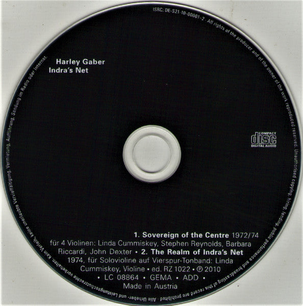 Image of Label Cover of CD - VG+/VG+ - HARLEY  GABER, Indra's Net (Edition RZ; ed. RZ 1022, Germany 2010, Gatefold, Booklet), ,  - 2336211E