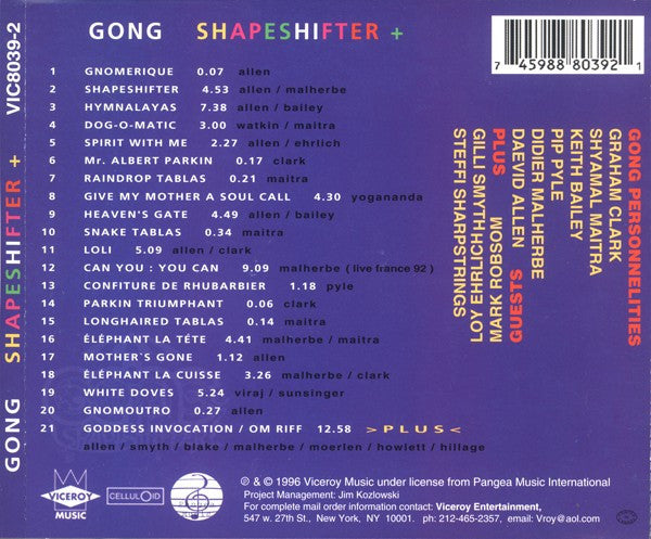 Image of Back Cover of CD - VG+/VG+ - GONG, Shapeshifter + (Viceroy Music; VIC8039-2, US 1996, Jewel Case), ,  - 2316444C