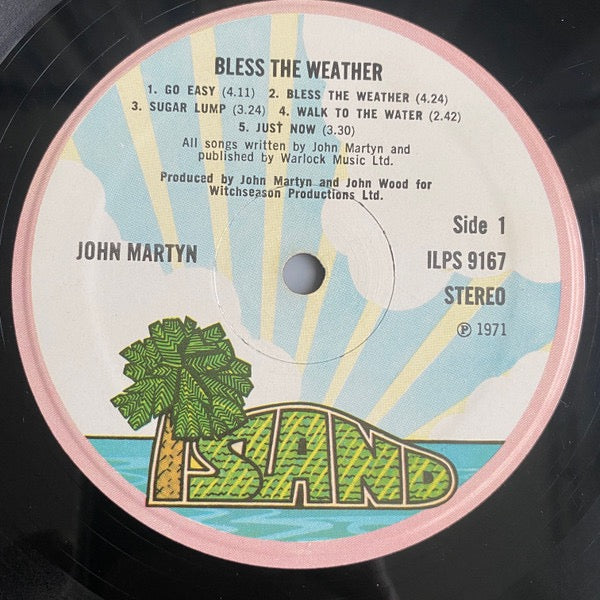 Image of Label Cover of LP - G+/G+ - JOHN MARTYN, Bless The Weather (Island Records Pink Rim Label Without Witchseason Logo; ILPS 9167, UK 1970s Reissue, Robor Printed Sleeve, Hand-Etched Matrix), Light marks and hairlines only, Sleeve has edge wear, Ring wear and lots of little creases,  - 2316485C