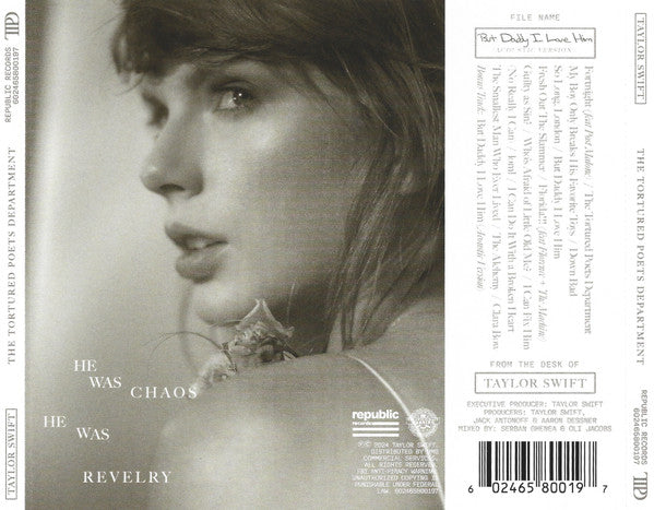 Image of Back Cover of CD - VG+/EX - TAYLOR SWIFT, The Tortured Poets Department (Republic Records; 602465800197, Europe 2024, Jewel Case, Limited Edition, "But Daddy I Love Him (Acoustic Version)"), ,  - 2336224E