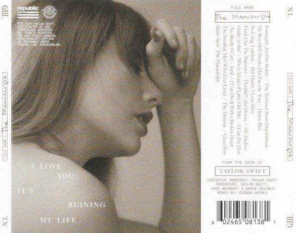 Image of Back Cover of CD - VG+/EX - TAYLOR SWIFT, The Tortured Poets Department (Republic Records; 602465081381, US 2024, Double CD Case, 4 Cards, Patch, Bookmark, Deluxe Edition, "The Manuscript" Collector's Edition), Magnet is missing,  - 2336225E