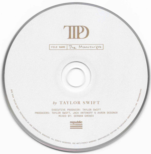Image of Label Cover of CD - VG+/EX - TAYLOR SWIFT, The Tortured Poets Department (Republic Records; 602465081381, US 2024, Double CD Case, 4 Cards, Patch, Bookmark, Deluxe Edition, "The Manuscript" Collector's Edition), Magnet is missing,  - 2336225E