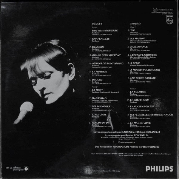 Image of Back Cover of 2xLP - VG/G+ - BARBARA , Enregistrement Public   L'Olympia (Les Insomnies) (Philips; 6641 837, France 1978, Laminated Gatefold Sleeve), Light Marks only.,  - 2316540C