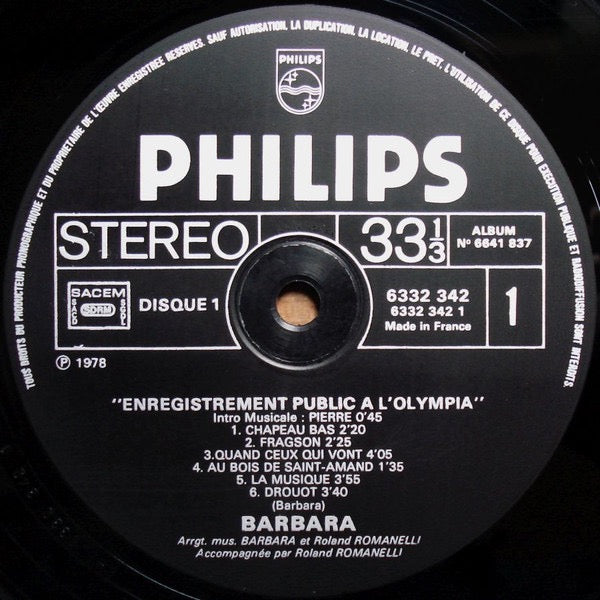 Image of Label Cover of 2xLP - VG/G+ - BARBARA , Enregistrement Public   L'Olympia (Les Insomnies) (Philips; 6641 837, France 1978, Laminated Gatefold Sleeve), Light Marks only.,  - 2316540C