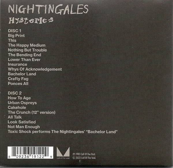 Image of Back Cover of 2xCD - VG+/EX - NIGHTINGALES, Hysterics (Call Of The Void; VOID012CD, UK 2022 Reissue, Booklet), ,  - 2356308S