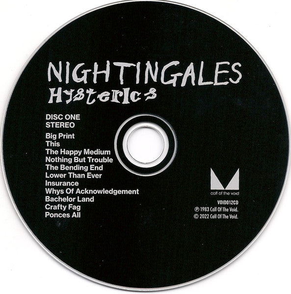 Image of Label Cover of 2xCD - VG+/EX - NIGHTINGALES, Hysterics (Call Of The Void; VOID012CD, UK 2022 Reissue, Booklet), ,  - 2356308S