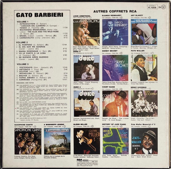 Image of Back Cover of 3xLP - VG/VG+ - GATO BARBIERI, Gato Barbieri (RCA; PL 42038, France 1977, Box Set, Insert), Sticker damage to box and general shelf wear. Discs are clean!,  - 2316547C