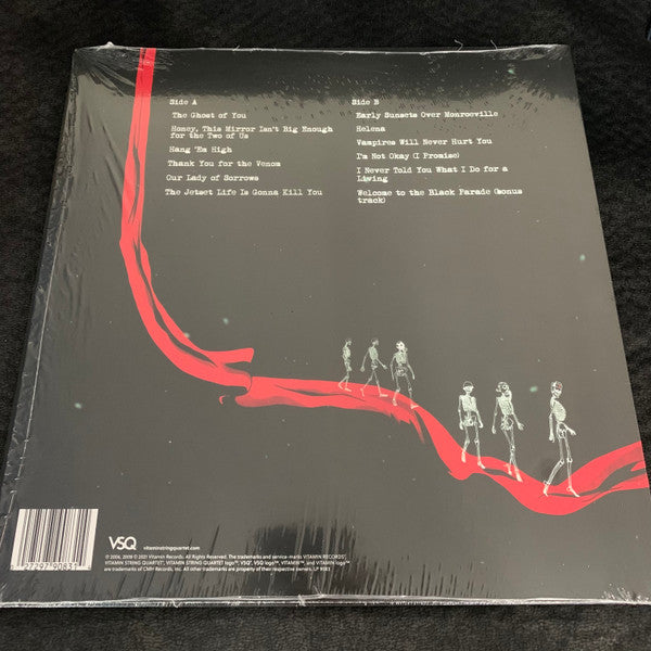 Image of Back Cover of LP - VG/VG - THE VITAMIN STRING QUARTET, Vitamin String Quartet Performs My Chemical Romance (CMH Records; LP 9083, US 2021, Inner, Red translucent vinyl, Limited RSD release), Corner bump and wear on rear of sleeve.  Hairlines only on record. , String renditions of My Chemical Romance songs - 2326323E