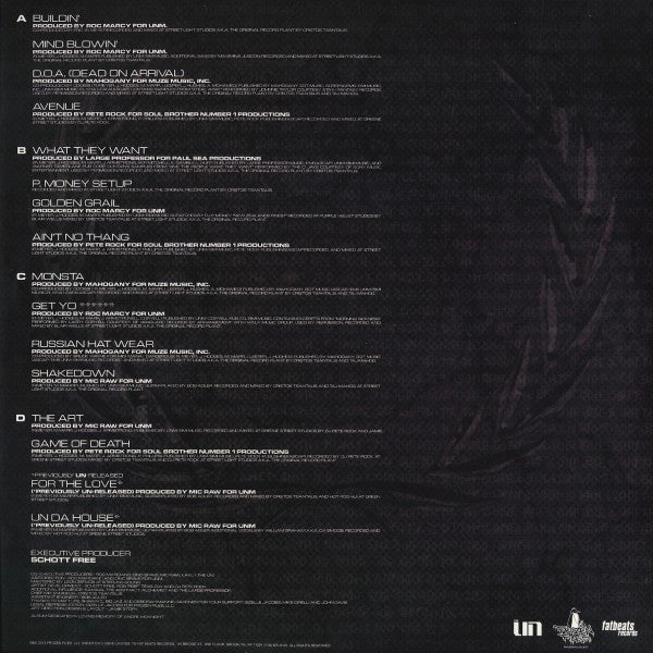 Image of Back Cover of 2xLP - VG/EX - THE UN, Un Or U Out (Fat Beats; FB5164, US 2014, Inner, RSD 2014, Blue / White Swirl), Discs look unplayed. Sleeve has light edge wear and corner creasing from storage, Originally released in 2004 on .W.O.R.L.D Records in conjunction with Fourfivesix Entertainment. This version is a Record Store Day 2014 exclusive reissue pressed on blue / white swirl colored vinyl. - 2326100E