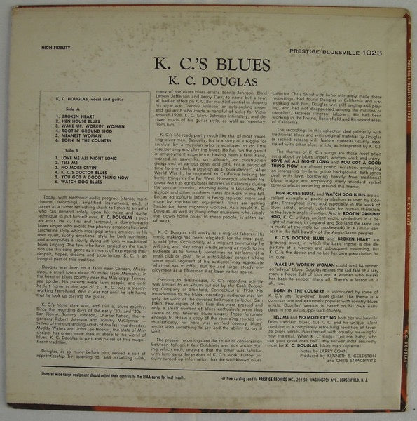Image of Back Cover of LP - VG/VG - K.C. DOUGLAS, K.C.'s Blues (Prestige Bluesville; 1023, US 1964 Reissue, Pasteback Sleeve), Strong VG throughout. Sleeve has a faded spine and a surface tear to reverse but is otherwise very nice. Disc has only a few light marks.,  - 2316551C