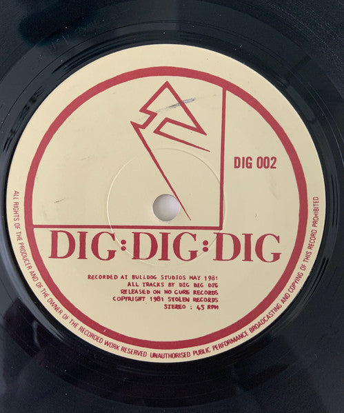 Image of Back Cover of 7" EP - VG/VG+ - DIG:DIG:DIG, Our Money / 625 Lines / Five Four (No Cure Records; DIG 001, UK 1981), Slight Fogging To Disc, Stains On Plain Black Sleeve,  - 2326200E