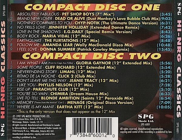 Image of Back Cover of 2xCD - VG+/VG+ - VARIOUS, Hi-NRG Classics (SPG Music Ltd.; SPG 6001, Canada 1997, Double CD Case), ,  - 2316511C