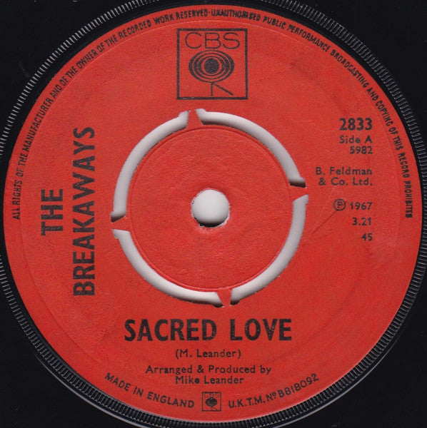 Image of Front Cover of 7" - /G - THE BREAKAWAYS, Sacred Love / Dont Be A Baby (CBS; 2833, UK 1967), Missing Centre, Heat Damage - Plays Through,  - 236199E
