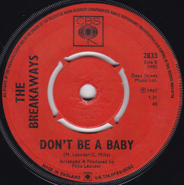Image of Back Cover of 7" - /G - THE BREAKAWAYS, Sacred Love / Dont Be A Baby (CBS; 2833, UK 1967), Missing Centre, Heat Damage - Plays Through,  - 236199E