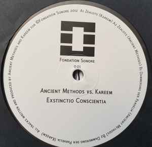 Image of Label Cover of 12" - VG+/VG+ - ANCIENT METHODS VS KAREEM, Exstinctio Conscientia (Fondation Sonore; FONDATION SONORE 01, France 2012, Die Cut Sleeve, Insert, Grey Marbled Vinyl), ,  - 2346358S