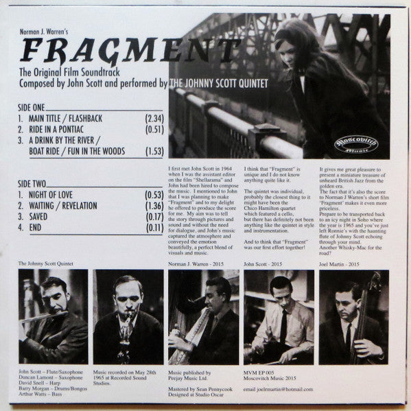 Image of Back Cover of 7" EP - EX/VG+ - THE JOHNNY SCOTT QUINTET, Fragment (Moscovitch Music ; MVM EP 001, Europe 2016, Picture Sleeve), Still In Opened Shrinkwrap,  - 2326196E