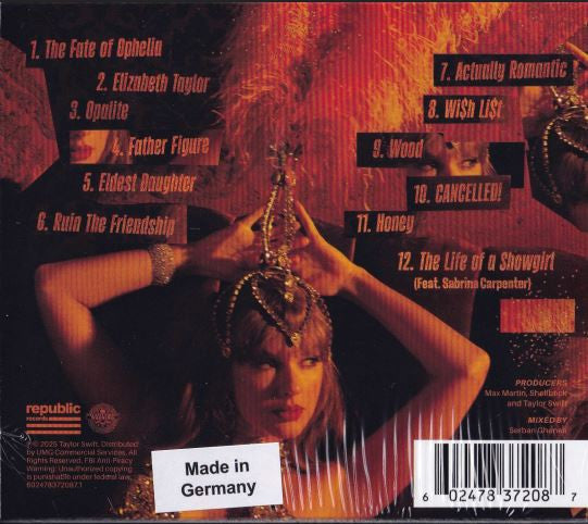 Image of Back Cover of CD - M/M - TAYLOR SWIFT, The Life Of A Showgirl (Republic Records; 602478372087.1, Europe 2025, Box Set, Deluxe Edition, Limited Edition, Sweat And Vanilla Perfume Edition), SEALED,  - 2336229E