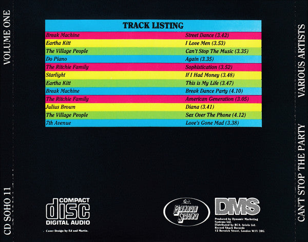 Image of Back Cover of CD - VG+/VG+ - VARIOUS, Can't Stop The Party Volume One (Record Shack Records; CD SOHO 11, UK 1986, Jewel Case), ,  - 2336230E