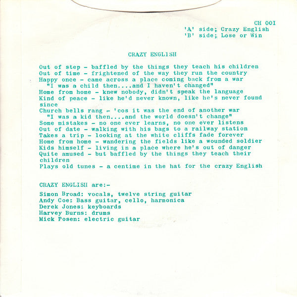 Image of Back Cover of 7" - VG/VG - CRAZY ENGLISH, Crazy English / Lose Or Win (Cherry Hinton ; CH 001, UK 1982, Picture Sleeve), Strong VG,  - 2326190E