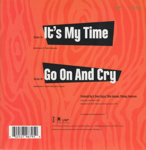 Image of Back Cover of 7" - EX/EX - THE MYNAH BIRDS, It's My Time / Go On And Cry (V.I.P. ; 25033, US 2012, Picture Sleeve, Numbered Limited Edition), Limited Edition Number 2736, Still SEALED In Stickered Shrinkwrap,  - 2326187E