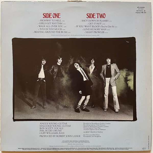 Image of Back Cover of LP - VG/VG+ - AC/DC, Highway To Hell (Atlantic; ATL 50 628, Germany Reissue, Early 80s Reissue. Embossed W On Sleeve), Surface marks. Light edge wear, creasing and small tearing to opening edge. ,  - 2346320S