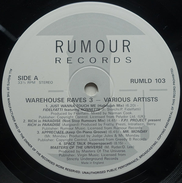 Image of Label Cover of 2xLP - VG+/VG+ - VARIOUS, Warehouse Raves 3 (Rumour Records; RUMLD 103, UK 1990), ,  - 2326177E