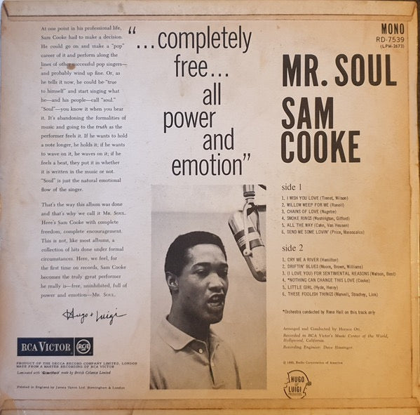 Image of Back Cover of LP - VG/G - SAM COOKE, Mr. Soul (RCA Victor; RD-7539, UK 1963, Laminated Flipback Sleeve, Mono), Laminate creases and staining to sleeve but intact. Disc has lots of light marks so plays with surface noise.,  - 2416014C