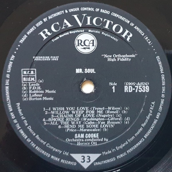 Image of Label Cover of LP - VG/G - SAM COOKE, Mr. Soul (RCA Victor; RD-7539, UK 1963, Laminated Flipback Sleeve, Mono), Laminate creases and staining to sleeve but intact. Disc has lots of light marks so plays with surface noise.,  - 2416014C