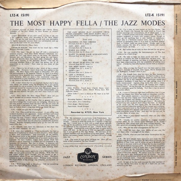 Image of Back Cover of LP - G+/VG - THE JAZZ MODES, The Jazz Modes Play Excerpts From The Frank Loesser Musical The Most Happy Fella (Atlantic; LTZ-K 15191, UK 1958, Laminated Flipback Sleeve, Mono), Sleeve opening is taped. Disc has just a few light marks.,  - 2416015C