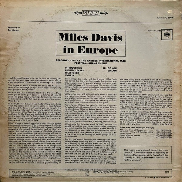 Image of Back Cover of LP - G+/VG - MILES DAVIS, Miles Davis In Europe (Columbia; PC 8983, US 1970s Reissue, Pasteback Sleeve), Spine wear and seam splits to sleeve. Disc is a strong VG.,  - 2416017C