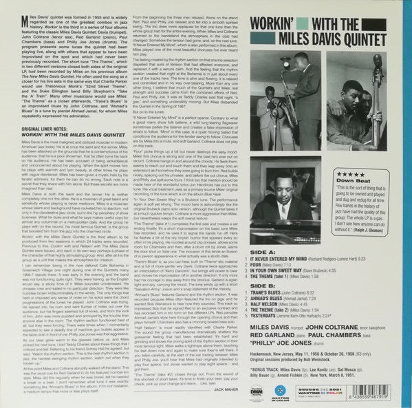 Image of Back Cover of LP - VG+/VG+ - THE MILES DAVIS QUINTET, Workin  With The Miles Davis Quintet (WaxTime In Color; 950696, Europe 2021 Reissue, Blue Vinyl), 252289E1/B 950696 02281128. 252289E2/C 950696 02281130.,  - 2416031C