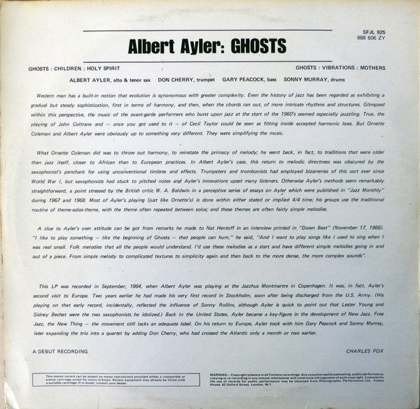 Image of Back Cover of LP - VG/VG - ALBERT AYLER, DON CHERRY, GARY PEACOCK, SONNY MURRAY, Ghosts (Fontana; SFJL.925, UK 1969 Reissue, Laminated Sleeve), Strong VG throughout. Light edge/corner wear to laminate sleeve. Disc only has the lightest of marks - plays great!,  - 2416022C