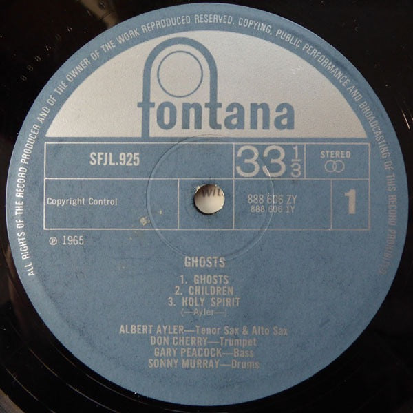 Image of Label Cover of LP - VG/VG - ALBERT AYLER, DON CHERRY, GARY PEACOCK, SONNY MURRAY, Ghosts (Fontana; SFJL.925, UK 1969 Reissue, Laminated Sleeve), Strong VG throughout. Light edge/corner wear to laminate sleeve. Disc only has the lightest of marks - plays great!,  - 2416022C
