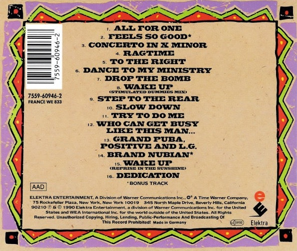 Image of Back Cover of CD - VG+/VG+ - BRAND NUBIAN, One For All (Elektra ; 7559-60946-2, Europe 1990, Jewel Case), ,  - 2416011C