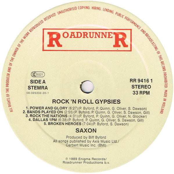 Image of Label Cover of LP - VG/VG - SAXON, Rock N' Roll Gypsies (Roadrunner Records; RR 9416 1, Netherlands 1989), ,  - 2426032E