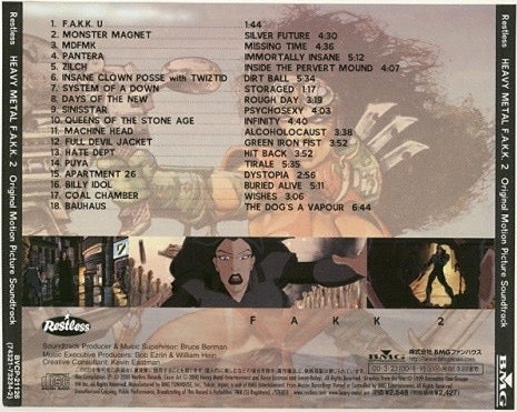 Image of Back Cover of CD - VG+/VG - VARIOUS, Heavy Metal F.A.K.K. 2 (Original Motion Picture Soundtrack) (Restless Records; BVCP-21126, Japan 2000 Reissue, Jewel Case), ,  - 2416013C