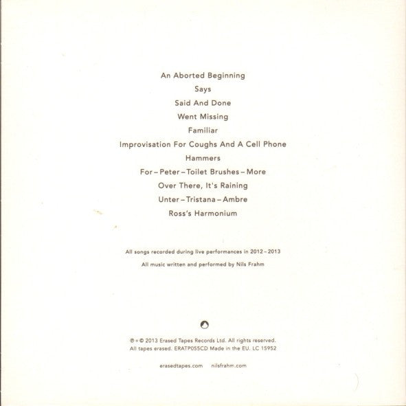 Image of Back Cover of CD - VG+/VG+ - NILS FRAHM, Spaces (Erased Tapes Records; ERATP055CD, Europe 2013, Card Sleeve), ,  - 2336015E