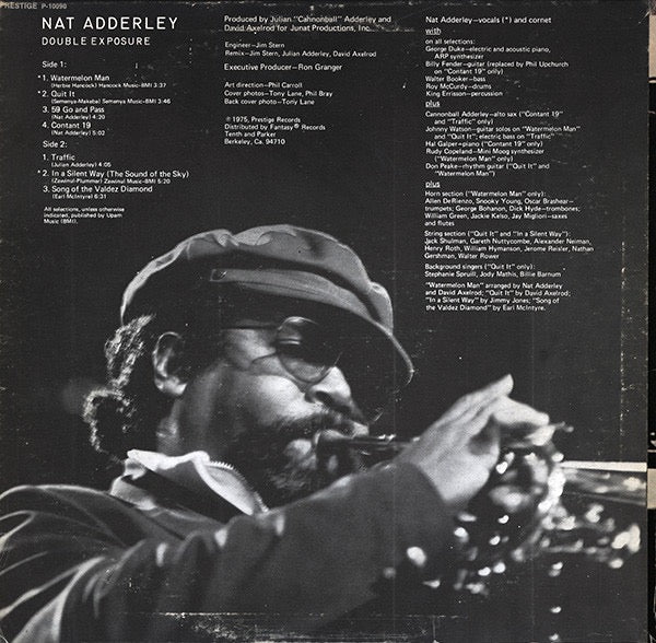 Image of Back Cover of LP - VG/VG+ - NAT ADDERLEY, Double Exposure (Prestige; P-10090, US 1975, Pasteback Sleeve), Sleeve is still in shrink but is notched in a couple of places. Disc has only some light storage marks.,  - 2416024C