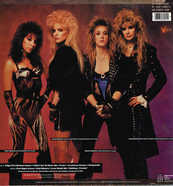 Image of Back Cover of LP - VG/VG - VIXEN, Vixen (EMI-Manhattan Records; MTL 1028, UK 1988, Inner), Promo sticker on rear. One corner of sleeve is mashed. Edgewear. Light hairlines.,  - 2426009E