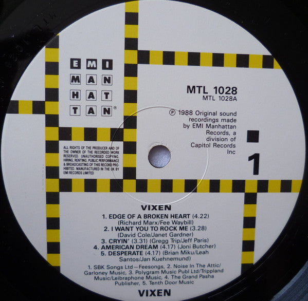 Image of Label Cover of LP - VG/VG - VIXEN, Vixen (EMI-Manhattan Records; MTL 1028, UK 1988, Inner), Promo sticker on rear. One corner of sleeve is mashed. Edgewear. Light hairlines.,  - 2426009E