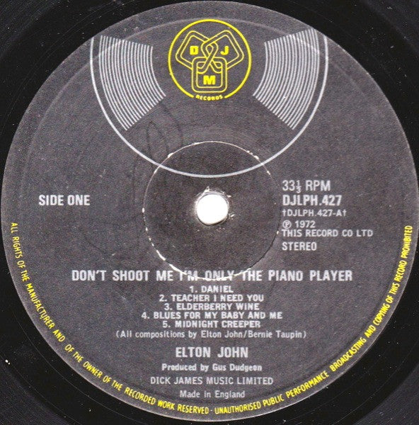 Image of Label Cover of LP - VG/VG - ELTON JOHN, Don't Shoot Me I'm Only The Piano Player (DJM Records; DJH 20427, UK 1973, Laminated Gatefold Sleeve, Smooth Booklet, A2/B3 - Translucent Vinyl), Strong VG. Book in lovely condition.,  - 2846084S