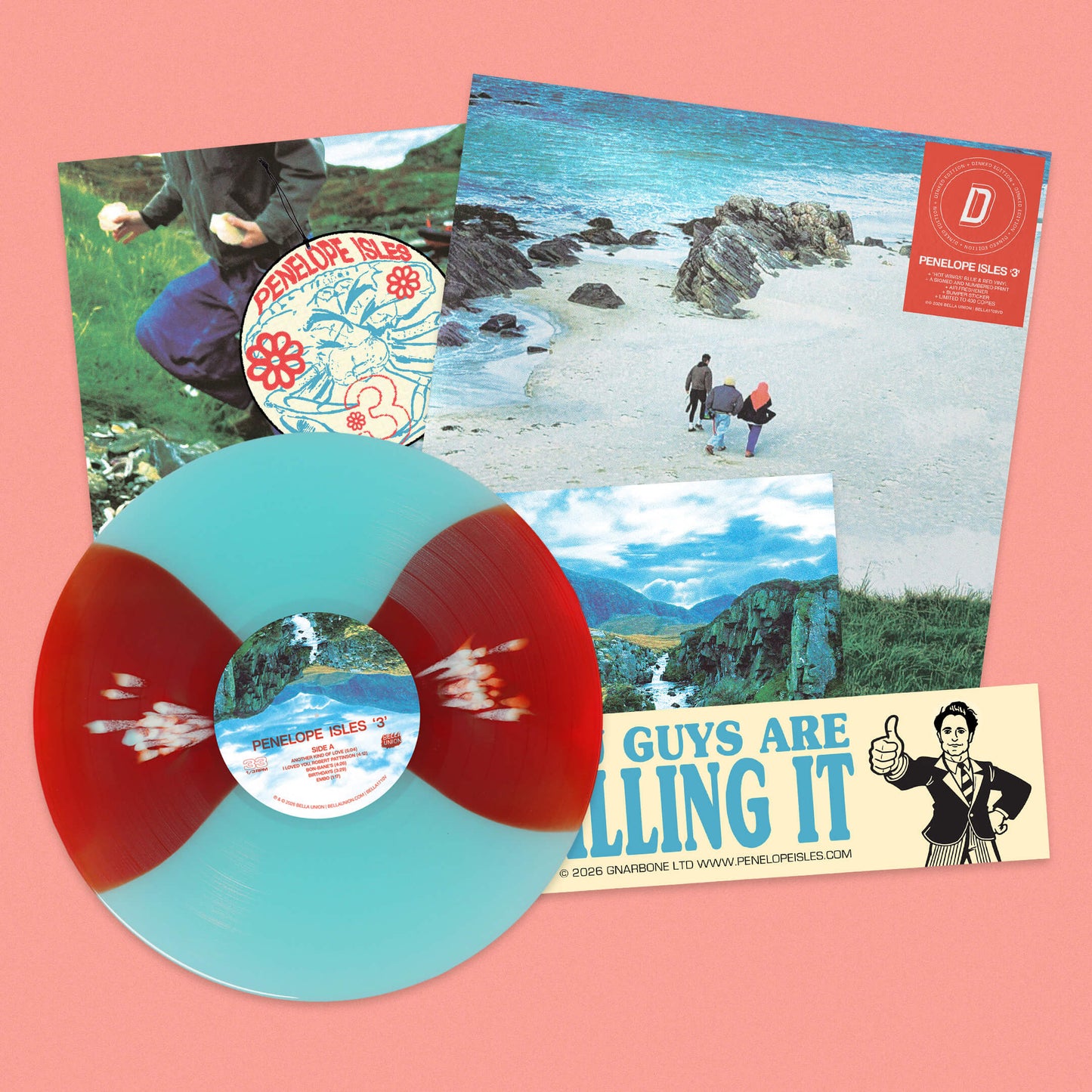 Image of Front Cover of LP - NEW/NEW - PENELOPE ISLES, 3 (Bella Union; BELLA1709VD, UK 2026, Gatefold, Inner, Postcard, Sticker, ‘Hot Wings’ red & blue vinyl, Signed & hand-numbered postcard, Bumper sticker, Air-freshener, Gatefold sleeve & printed inner sleeve, Limited pressing of 400, Dinked Edition: 421), , Penelope Isles returns. After a brief disappearance into solo records and restless touring, Wolter siblings Jack and Lily resurface with 3: a record drenched in salt and sun, with the tide pulling 