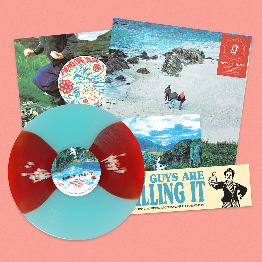 Image of Label Cover of LP - NEW/NEW - PENELOPE ISLES, 3 (Bella Union; BELLA1709VD, UK 2026, Gatefold, Inner, Postcard, Sticker, ‘Hot Wings’ red & blue vinyl, Signed & hand-numbered postcard, Bumper sticker, Air-freshener, Gatefold sleeve & printed inner sleeve, Limited pressing of 400, Dinked Edition: 421), , Penelope Isles returns. After a brief disappearance into solo records and restless touring, Wolter siblings Jack and Lily resurface with 3: a record drenched in salt and sun, with the tide pulling 