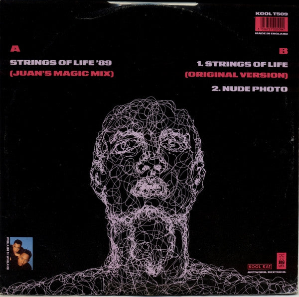 Image of Back Cover of 12" - VG/VG - RHYTHIM IS RHYTHIM, Strings Of Life '89 (Kool Kat; KOOL T509, UK 1989 Reissue, Picture Sleeve), Light marks on vinyl and small bump on B side doesn't affect playing, plays VG/VG+. Sleeve in strong VG.,  - 2446010S