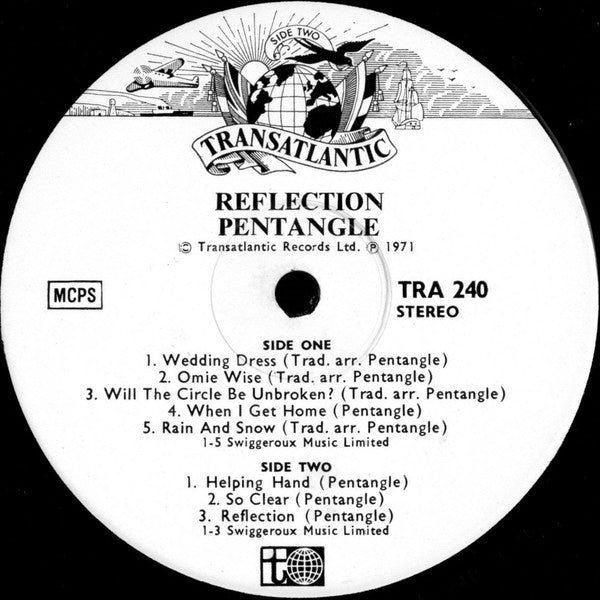Image of Label Cover of LP - VG/VG+ - PENTANGLE, Reflection (Transatlantic Records Map Labels With Boxed MCPS; TRA 240, UK 1980s Reissue, Laminated Gatefold Sleeve, Inner), Sticker ghost to sleeve, Crisp inner,  - 2416078C