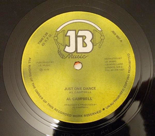 Image of Front Cover of 12" - VG/VG+ - AL CAMPBELL, Just One Dance / Dancing Time (JB Music; JBD 007, UK 1979, Company Sleeve), Shiny, light marks only. In company sleeve.,  - 2416124C